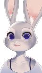  2020 alternate_version_at_source anthro buckteeth bust_portrait clothed clothing disney ears_up fur grey_body grey_fur hi_res inner_ear_fluff judy_hopps lagomorph leporid mammal open_mouth open_smile portrait purple_eyes rabbit simple_background smile solo swetpot teeth tuft white_background zootopia 