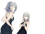  2girls absurdres ak-12_(girls_frontline) an-94_(girls_frontline) back black_dress breasts closed_eyes dress earrings eating girls_frontline green_eyes grey_hair hair_ornament highres jewelry long_hair looking_at_viewer multiple_girls silver_hair smile tuan_yi white_background 