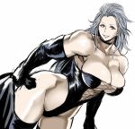  1girl bag black_gloves black_legwear breasts cleavage dorohedoro elbow_gloves gloves grey_hair highres holding holding_bag large_breasts lips long_hair looking_at_viewer muscle muscular_female noi_(dorohedoro) pink_lips shibusun simple_background thighhighs thighs white_background 