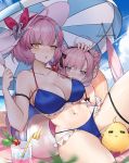  2girls anchor_hat_ornament artist_request azur_lane ball beach_mat beachball bikini black_hairband black_ribbon blue_bikini blush breasts double_bun drinking_straw food frilled_bikini frills hair_ribbon hairband hand_on_another&#039;s_head hat highres hurricane_glass juice large_breasts layered_bikini long_hair looking_at_viewer manjuu_(azur_lane) multi-strapped_bikini multiple_girls pink_bikini pink_hair popsicle purple_eyes ribbon saratoga_(azur_lane) saratoga_(ocean_holidays)_(azur_lane) short_hair sun_hat swimsuit tartu_(azur_lane) tartu_(overthinking_summer)_(azur_lane) thigh_strap tropical_drink twintails water wet white_ribbon yellow_eyes 