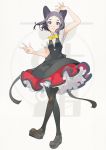  1girl animal_ears arm_up bangs bare_arms black_dress black_legwear brown_footwear cat_ears commentary_request dress frills full_body highres looking_at_viewer original pantyhose parted_bangs red_dress shirt shoes short_sleeves slit_pupils smile solo w white_shirt yunar 