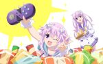 2girls artist_request bangs blush breasts choker d-pad d-pad_hair_ornament eyebrows_visible_through_hair hair_between_eyes hair_ornament happy holding_controller long_hair looking_at_viewer lying multiple_girls nepgear neptune_(neptune_series) neptune_(series) official_art on_stomach one_eye_closed open_mouth purple_eyes purple_hair short_hair siblings sidelocks sisters small_breasts smile v 