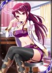  1girl akkijin black_legwear breasts chair cleavage coat crossed_legs curtains desk earrings feathers indoors jewelry looking_at_viewer miniskirt necklace nurse official_art open_mouth pen red_eyes red_hair shinkai_no_valkyrie sitting skirt stomach thighhighs 