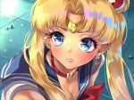 1girl bishoujo_senshi_sailor_moon blonde_hair blue_eyes blue_sailor_collar blush breasts choker cleavage collarbone crescent crescent_earrings diadem earrings hair_bun heart heart_choker highres jewelry long_hair red_choker sailor_collar sailor_moon sailor_moon_redraw_challenge sailor_senshi sailor_senshi_uniform shashaki tsukino_usagi twintails upper_body 