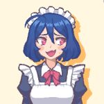  1girl ahoge apron artist_name blue_hair blush bow breasts embarrassed eyebrows fang hcnone long_sleeves maid maid_apron maid_day maid_headdress medium_breasts open_mouth original pink_eyes pixel_art puffy_long_sleeves puffy_sleeves red_bow short_hair skye_(hcnone) smile solo sweatdrop 