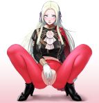  1girl akizora black_footwear blonde_hair breasts censored commentary_request covered_navel edelgard_von_hresvelg fire_emblem fire_emblem:_three_houses gloves hair_ribbon high_heels highres lavender_eyes long_hair looking_at_viewer mosaic_censoring pantyhose presenting pubic_hair pussy red_legwear ribbon shadow smile solo spread_legs squatting torn_clothes torn_legwear white_gloves 