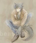  2020 anthro beastars brown_background canid canine canis cheek_tuft clothed clothing facial_tuft fully_clothed fur grey_body grey_fur hi_res legoshi_(beastars) male mammal mizue plushie pockets scar simple_background sitting solo tuft wolf 