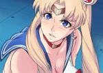  1girl bangs bare_shoulders bishoujo_senshi_sailor_moon blonde_hair blue_eyes blue_sailor_collar breasts choker cleavage crescent crescent_earrings diadem earrings hair_bun heart heart_choker highres jewelry large_breasts long_hair mario_constantino_aviles parted_bangs parted_lips red_choker sailor_collar sailor_moon sailor_moon_redraw_challenge sailor_senshi_uniform tile_floor tiles tsukino_usagi upper_body 