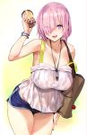  1girl bag bangs bare_shoulders blue_shorts blush breasts bubble_tea cleavage collarbone cup disposable_cup fate/grand_order fate_(series) hair_over_one_eye highres holding holding_cup kurowa large_breasts lavender_hair looking_at_viewer mash_kyrielight open_mouth purple_eyes short_hair short_shorts shorts shoulder_bag smile thighs white_background white_camisole 