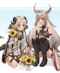  2girls :d :q arknights ass bangs bare_shoulders black_legwear blonde_hair blush breasts detached_sleeves flower grey_hair highres horns ifrit_(arknights) jacket kneehighs kurisustinah long_hair matoimaru_(arknights) multiple_girls open_mouth open_toe_shoes orange_eyes orange_nails parted_bangs plant pointy_ears potted_plant red_eyes sitting smile sunflower tail teeth thighhighs tongue tongue_out very_long_hair 