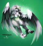  2020 4_toes 5_fingers anthro breasts digital_media_(artwork) eyebrows eyelashes feathered_wings feathers featureless_breasts featureless_crotch female fingers fivel green_background green_eyes grey_hair hair hi_res nude simple_background smile solo thepsychosloth toes wings 