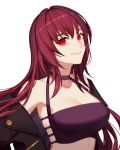  1girl absurdres alternate_costume bare_shoulders breasts choker cleavage fate/grand_order fate_(series) hair_intakes highres jacket jesse_(pixiv34586727) leather leather_jacket long_hair looking_at_viewer purple_hair red_eyes scathach_(fate)_(all) scathach_(fate/grand_order) smile solo upper_body white_background 