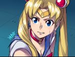  1girl bishoujo_senshi_sailor_moon blonde_hair blue_eyes blue_sailor_collar breasts choker circlet cleavage close-up crescent crescent_earrings derivative_work earrings english_commentary eyebrows_visible_through_hair hair_ornament heart heart_choker jewelry long_hair looking_to_the_side red_choker ryuusei_(mark_ii) sailor_collar sailor_moon sailor_moon_redraw_challenge sailor_senshi sailor_senshi_uniform screencap_redraw signature sleeveless solo sweatdrop tsukino_usagi twintails 