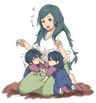 1boy 2girls alternate_costume blue_eyes blue_hair byleth_(fire_emblem) byleth_(fire_emblem)_(female) byleth_(fire_emblem)_(male) closed_mouth fire_emblem fire_emblem:_three_houses highres long_hair mother_and_daughter mother_and_son multiple_girls open_mouth overalls short_hair short_sleeves simple_background sitri_(fire_emblem) sitting souen_senri white_background younger 