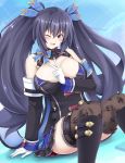  1girl alternate_breast_size black_hair boots breasts choujigen_game_neptune cleavage eyebrows_visible_through_hair gloves hand_on_ground highres large_breasts long_hair looking_to_the_side neptune_(series) noire one_eye_closed open_mouth pink_eyes seshiro_(which501) solo thighhighs thighs v very_long_hair white_gloves 