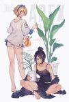  2girls akka_0510 anklet apex_legends artist_name black_hair blonde_hair blue_eyes commentary commentary_request hairband highres jacket jewelry looking_at_viewer multiple_girls plant potted_plant purple_eyes shorts smile tank_top twitter_username wattson_(apex_legends) wraith_(apex_legends) 