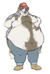  anthro belly beverage big_belly brown_body brown_fur canid canine canis claws clothed clothing domestic_dog fur hand_on_stomach hat headgear headwear hi_res holding_beverage holding_object male mammal molosser moobs mountain_dog navel nipples obese obese_male open_shirt overweight overweight_male saint_bernard shirt simple_background smile solo standing tongue tongue_out topwear white_background white_body white_fur yasano_(artist) 