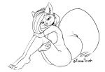  anthro bedroom_eyes black_and_white breasts canid canine female fluffy fluffy_tail full-length_portrait holding_legs line_art mammal monochrome narrowed_eyes nude portrait pose seductive side_view sitting solo trashtikko 