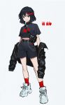  1girl absurdres alternate_costume arms_at_sides bag bangs bare_legs belt black_hair black_shirt black_shorts blue_eyes chain commentary eyelashes fanny_pack fashion full_body grey_background grin hair_between_eyes highres jacket jacket_removed kill_la_kill leather leather_jacket legs_apart looking_at_viewer matoi_ryuuko midriff multicolored_hair open_clothes open_jacket open_mouth red_hair red_legwear satchel shiny shiny_hair shirt shoes short_hair short_sleeves shorts shoulder_bag simple_background smile sneakers socks solo square standing streaked_hair two-tone_hair v-shaped_eyebrows wangxi205 white_footwear 