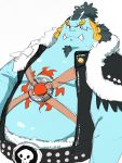  2020 3:4 anthro blue_body clothed clothing cute_fangs fish-men_(one_piece) hi_res jinbe male marine one_piece overweight overweight_male s_ouo simple_background solo white_background 