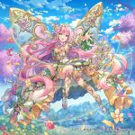  1girl blue_sky breasts cenia cleavage copyright_name detached_sleeves flower green_eyes long_hair looking_at_viewer official_art open_mouth pink_hair sky solo upper_teeth valkyrie_connect white_footwear wings yeonwa 