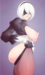  1girl adjusting_clothes adjusting_legwear ass ass_support biting black_blindfold blindfold breasts curvy facing_viewer from_side gloves glowing highres juliet_sleeves large_breasts leotard lip_biting long_sleeves lunasanguinis mole mole_under_mouth nier_(series) nier_automata parted_lips puffy_sleeves solo teasing teeth thighhighs thighs tight white_gloves white_hair white_leotard yorha_no._2_type_b 