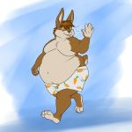  anthro belly belly_overhang boxers_(clothing) brown_body brown_fur buckteeth claws clothed clothing fur gesture lagomorph leporid love_handles male mammal moobs navel obese obese_male overweight overweight_male rabbit smile solo teeth thedandyduke toe_claws topless underwear walking waving 
