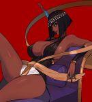  1girl absurdres bare_shoulders black_dress black_hair blue_eyes breasts cleavage commentary dark_skin dress egyptian_clothes eliza_(skullgirls) ennuigrl highres huge_breasts leg_lift lips lying on_back red_background short_hair simple_background sitting skullgirls smile solo thick_thighs thighs 