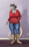  2020 5_fingers anthro big_breasts biped blue_bottomwear blue_clothing blue_pants boots bottomwear breasts buckteeth claws cleavage clothed clothing digital_media_(artwork) eyebrows female fingers footwear fully_clothed fur grey_body grey_claws grey_eyebrows grey_fur grey_hair hair hi_res jeans mammal murid murine oneflymagpie overweight overweight_female pants pink_nose pink_tail rat red_clothing red_topwear rodent short_hair solo standing sweater teeth topwear yellow_eyes 