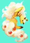  absurdres ampharos aomidori_iro black_eyes blue_background commentary_request creature full_body gen_2_pokemon highres jumping looking_at_viewer mega_ampharos mega_pokemon no_humans pokemon pokemon_(creature) simple_background solo 