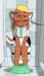 2020 absurd_res anthro bathroom biped blush bottomwear breasts brown_body brown_fur bāozi canid canine canis clothing domestic_dog english_text eyes_closed female fur hi_res mammal necktie notmypornaccount open_mouth panties panties_down relieved school_uniform shirt sitting skirt solo text toilet toilet_use topwear underwear uniform xingzuo_temple 