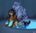  absurd_res all_fours anthro bodily_fluids breasts colored_fur doggystyle duo felid feline female from_behind_position hi_res intertwined_tails leopardus male male/female mammal moan ocelot pantherine sex skeletonguys-and-ragdolls snow_leopard sweat water 