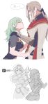  1boy 2girls adz_lrp armor black_gloves blonde_hair bow brother_and_sister byleth_(fire_emblem) byleth_(fire_emblem)_(female) closed_eyes earrings fire_emblem fire_emblem:_three_houses from_side gloves green_hair hair_bow hat highres jeritza_von_hrym jewelry long_hair mercedes_von_martritz multiple_girls navel_cutout open_mouth ponytail short_hair siblings simple_background white_background 