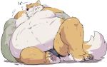  2020 anthro bean_bag belly blush bulge canid canine canis chubby_cheeks claws clothed clothing domestic_dog fur japanese_text kemono male mammal moobs navel nipples obese obese_male overweight overweight_male pukkunnnn reclining simple_background solo struggling tan_body tan_fur text toe_claws topless white_background white_body white_fur 