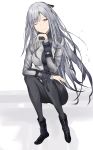  1girl absurdres ak-12_(girls_frontline) black_footwear black_pants bodysuit boots girls_frontline hair_ribbon hand_on_headset highres jacket long_hair looking_at_viewer pants purple_eyes ribbon silver_hair sitting sitting_on_object smile solo tuan_yi white_background 