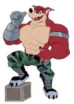  4_fingers abs activision anthro belt biceps big_muscles boots bottomwear claws clothed clothing crash_bandicoot_(series) crunch_bandicoot digital_media_(artwork) fingers footwear fur igiveyoulemons looking_at_viewer male muscular muscular_male obliques open_mouth pants pecs simple_background solo teeth tongue topless triceps video_games 