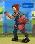  anthro avian barn boots bracelet chocobo clothing farm farmer fence field final_fantasy footwear hi_res jewelry male miltonholmes overalls plaid plaid_shirt popping_buttons solo square_enix torn_clothing transformation tree video_games 