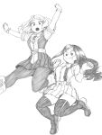  2girls :o \o/ absurdres arms_up asui_tsuyu belt belt_buckle black_legwear blush boku_no_hero_academia boots bow bowtie breasts buckle buttons closed_mouth commentary_request eyebrows_visible_through_hair full_body gloves high_heels highres horikoshi_kouhei jumping long_hair long_sleeves low-tied_long_hair medium_hair monochrome multiple_girls official_art open_mouth outstretched_arms pantyhose pleated_skirt short_sleeves simple_background skirt thighhighs tongue tongue_out traditional_media uraraka_ochako white_background 