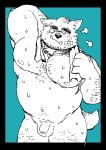  2020 anthro balls belly blue_background canid canine canis cute_fangs domestic_dog flaccid genitals hi_res humanoid_genitalia humanoid_hands humanoid_penis kemono male mammal moobs navel nipples och5 overweight overweight_male penis simple_background solo wet 