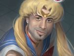  1boy artist_name bishoujo_senshi_sailor_moon blonde_hair blue_eyes blue_sailor_collar bow bowtie choker circlet closed_mouth cosplay crescent crescent_earrings crossdressing derivative_work diadem earrings facial_hair gachimuchi goatee hair_ornament heart heart_choker jewelry long_hair looking_at_viewer male_focus manly nate_artuz parody red_choker red_neckwear ricardo_milos sailor_collar sailor_moon sailor_moon_(cosplay) sailor_moon_redraw_challenge screencap_redraw shirt smile smirk smug solo twintails white_shirt 