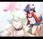  anthro blue_body blue_eyes blue_hair brand_new_animal brown_body brown_fur canid canine clothed clothing collar eyes_closed female fluffy fluffy_tail footwear fur hair hi_res human jacket m2daxxx male mammal michiru_kagemori open_jacket open_mouth open_smile raccoon_dog running shirou_ogami shoes short_hair smile studio_trigger tanuki topwear translucent translucent_hair white_hair 