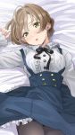  1girl bed blush brown_hair buttons dress frilled_dress frilled_sleeves frills green_eyes idolmaster idolmaster_million_live! looking_at_viewer lying on_back ribbon sakuramori_kaori short_hair thighhighs yoropa 