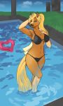  2016 anthro big_breasts bikini biped blonde_hair blonde_tail blue_eyes breasts brown_body brown_fur cleavage clothed clothing detailed_background digital_media_(artwork) equid equine eyebrows eyelashes falling female fur gloves_(marking) grass hair half-closed_eyes horse leg_markings long_hair long_tail looking_at_viewer mammal markings multicolored_body multicolored_fur narrowed_eyes partially_submerged ponytail pose rikkoshaye samantha_(alistair) signature socks_(marking) solo standing swimming_pool swimwear tan_body tan_fur tan_markings two_tone_body two_tone_fur water 