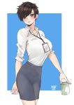  1girl black_hair blue_background breasts can collared_shirt cowboy_shot earrings head_tilt highres holding holding_can id_card jewelry large_breasts looking_at_viewer norman_maggot office_lady olive_laurentia original pencil_skirt polo_shirt red_eyes shirt short_hair skirt soda_can solo white_shirt 