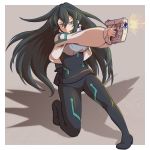  1girl bangs black_bodysuit bodysuit bodysuit_under_clothes bureikubureido firing floating_hair green_eyes green_hair gun gundam gundam_build_divers gundam_build_divers_re:rise highres holding holding_gun holding_weapon looking_ahead may_(gundam_build_divers_re:rise) shrug_(clothing) solo v-shaped_eyebrows weapon 