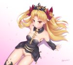  1girl absurdres artist_name bangs bar_censor black_dress black_legwear blonde_hair blush bow breasts censored collarbone commentary_request detached_collar dress earrings ereshkigal_(fate/grand_order) eyebrows_visible_through_hair fate/grand_order fate_(series) from_above hair_bow hair_ribbon highres jewelry long_hair looking_at_viewer parted_bangs pubic_hair pussy red_eyes ribbon sitting skull smile solo tiara two_side_up very_long_hair yanows 