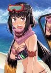  1girl arm_garter arm_under_breasts bangs bare_shoulders beppu_mitsunaka bikini black_gloves black_hair blue_sky blush breasts cellphone cleavage fate/grand_order fate_(series) gloves goggles goggles_on_head gradient_hair highres large_breasts long_hair looking_at_viewer low_twintails multicolored_hair navel ocean open_mouth osakabe-hime_(fate/grand_order) osakabe-hime_(swimsuit_archer)_(fate) phone pink_bikini pink_scarf scarf sharp_teeth sitting ski_goggles sky swimsuit tearing_up teeth twintails very_long_hair 