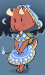  backpack blue_clothing blue_dress clothed clothing dot_eyes dress female fully_clothed hi_res horn humanoid kobold magic_user night red_body red_clover_(artist) red_scales scales solo 