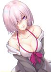 1girl bangs bare_shoulders bikini blush breasts collarbone commentary_request fate/grand_order fate_(series) grey_jacket hair_over_one_eye highres hood hooded_jacket jacket large_breasts long_sleeves looking_at_viewer mash_kyrielight purple_eyes re_(re_09) short_hair smile solo swimsuit upper_body white_bikini 