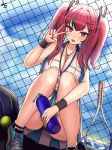  1girl :d absurdres ass azur_lane bag ball bangs bare_legs bare_shoulders black_panties blue_sky blush bottle breasts bremerton_(azur_lane) bremerton_(scorching-hot_training)_(azur_lane) chain-link_fence cleavage cloud collarbone collared_shirt commentary crop_top crop_top_overhang day duffel_bag dutch_angle eyebrows_visible_through_hair fence green_footwear green_skirt grey_hair hair_between_eyes hair_intakes hair_ornament hairclip hand_up heart heart_necklace highres holding holding_bottle jscu large_breasts long_hair looking_at_viewer midriff mole mole_under_eye multicolored_hair nail_polish navel ocean open_mouth outdoors panties pantyshot pink_eyes pink_hair pink_nails racket shirt shoes sidelocks signature skirt sky sleeveless sleeveless_shirt smile sneakers solo sportswear squatting streaked_hair sweat tennis_ball tennis_racket tennis_uniform twintails two-tone_hair two-tone_shirt two-tone_skirt underwear upper_teeth v water_bottle white_shirt white_skirt wristband x_hair_ornament 